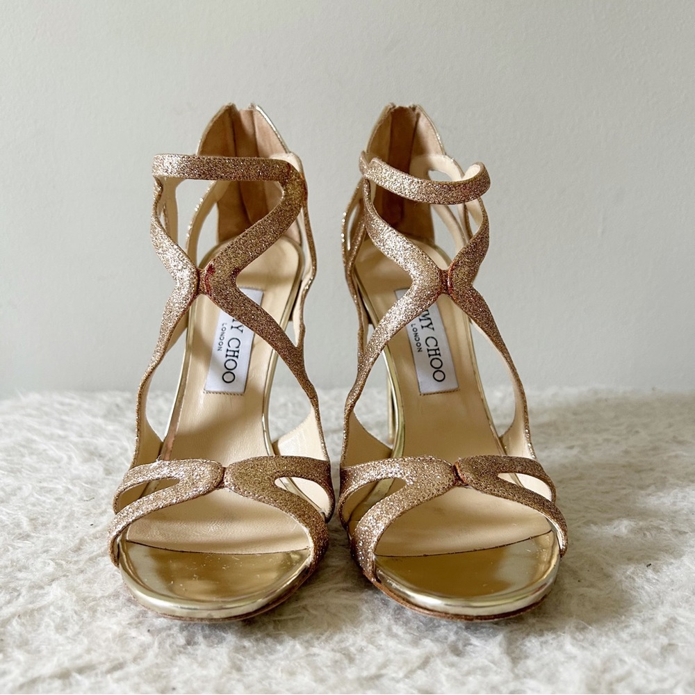Jimmy Choo Leslie Gold Champagne Glitter Strappy Caged Heels Sandals Size EU 38 - Picture 4 of 14